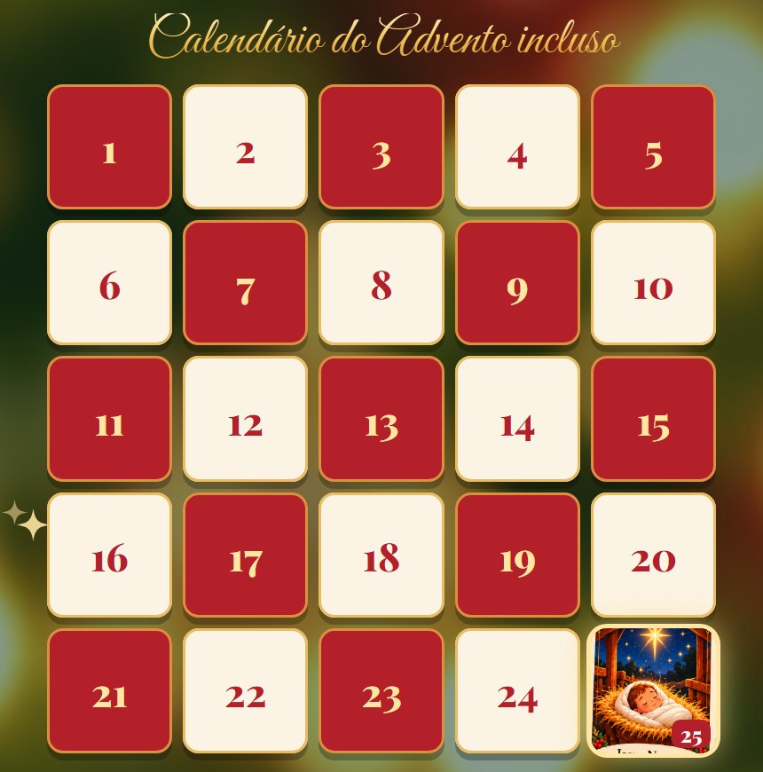 Calendário do Advento com 25 casas; a última é o menino Jesus na manjedoura